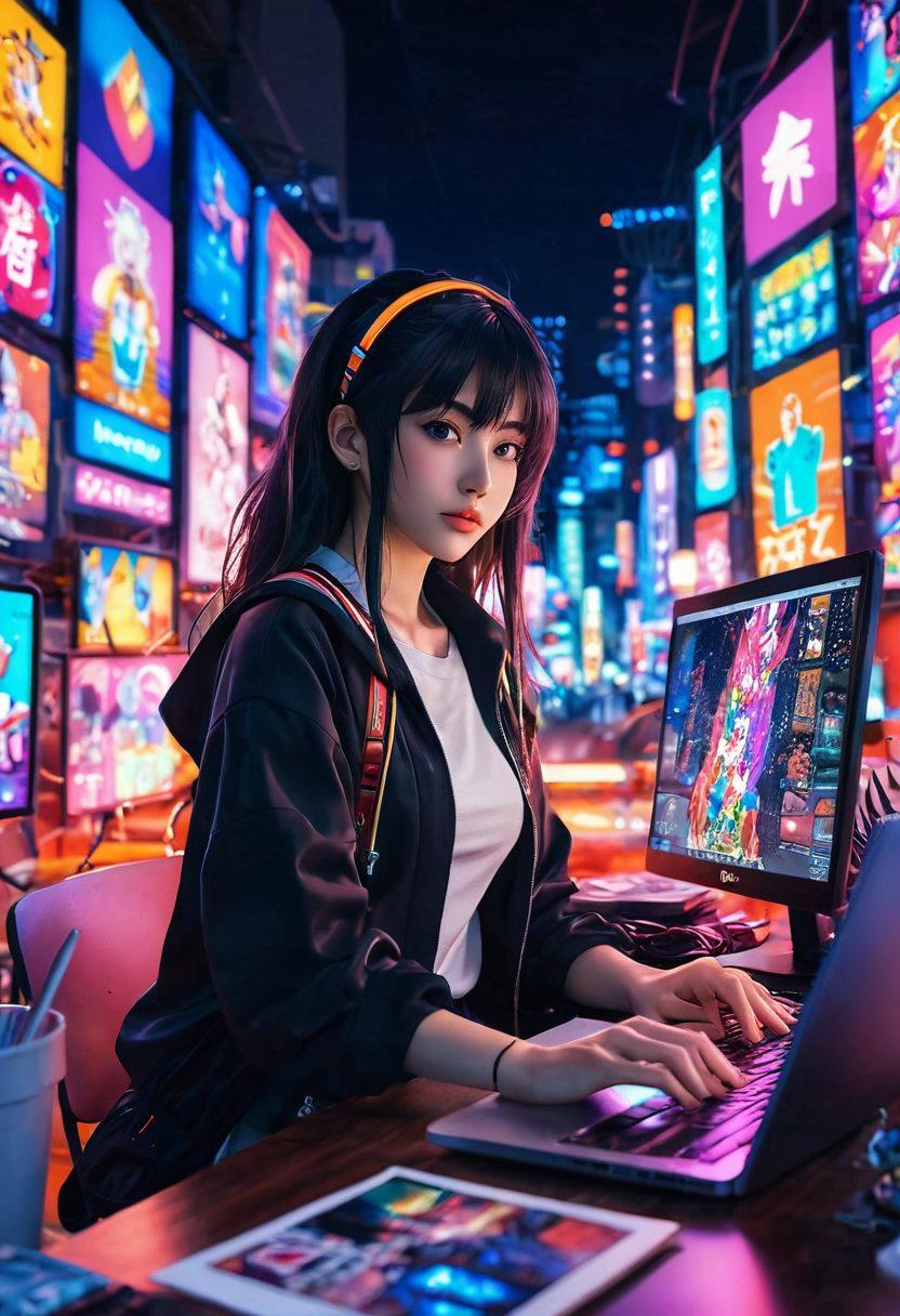 A vibrant collage showcasing an anime-style blogger surrounded by dynamic digital elements representing hentai culture, with playful pixel art motifs and subtle nods to traditional otaku aesthetics, framed by a lively backdrop of colorful neon lights. The blogger should be depicted engaging with their laptop, capturing the essence of online creativity. 3D. vibrant colors. anime style.