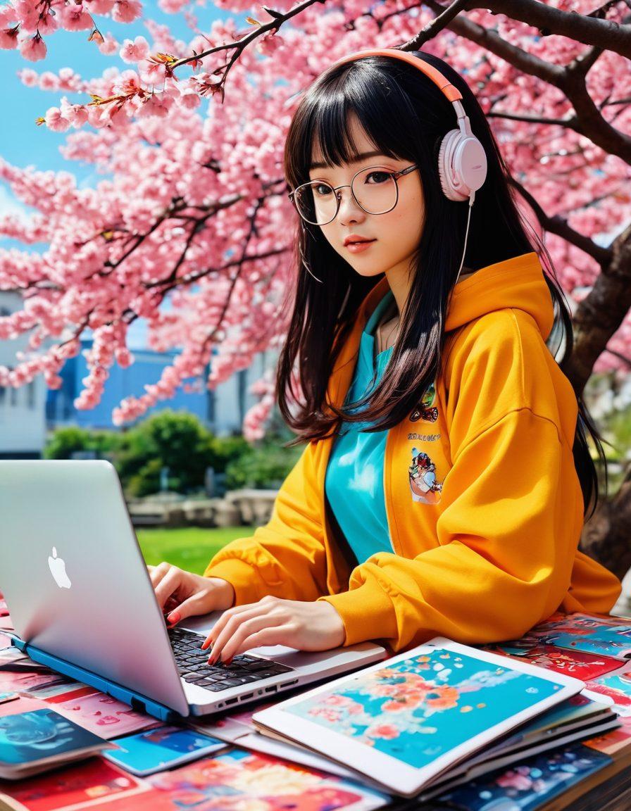 A colorful collage blending elements of anime and blogging, featuring a dynamic character surrounded by vibrant, stylized illustrations of popular hentai motifs. Incorporate a laptop open with a blog interface, splashes of manga panels in the background, and whimsical cherry blossoms floating around to symbolize creativity and growth. The scene should pulsate with energy and a sense of community among anime fans. super-realistic. vibrant colors. energetic composition.