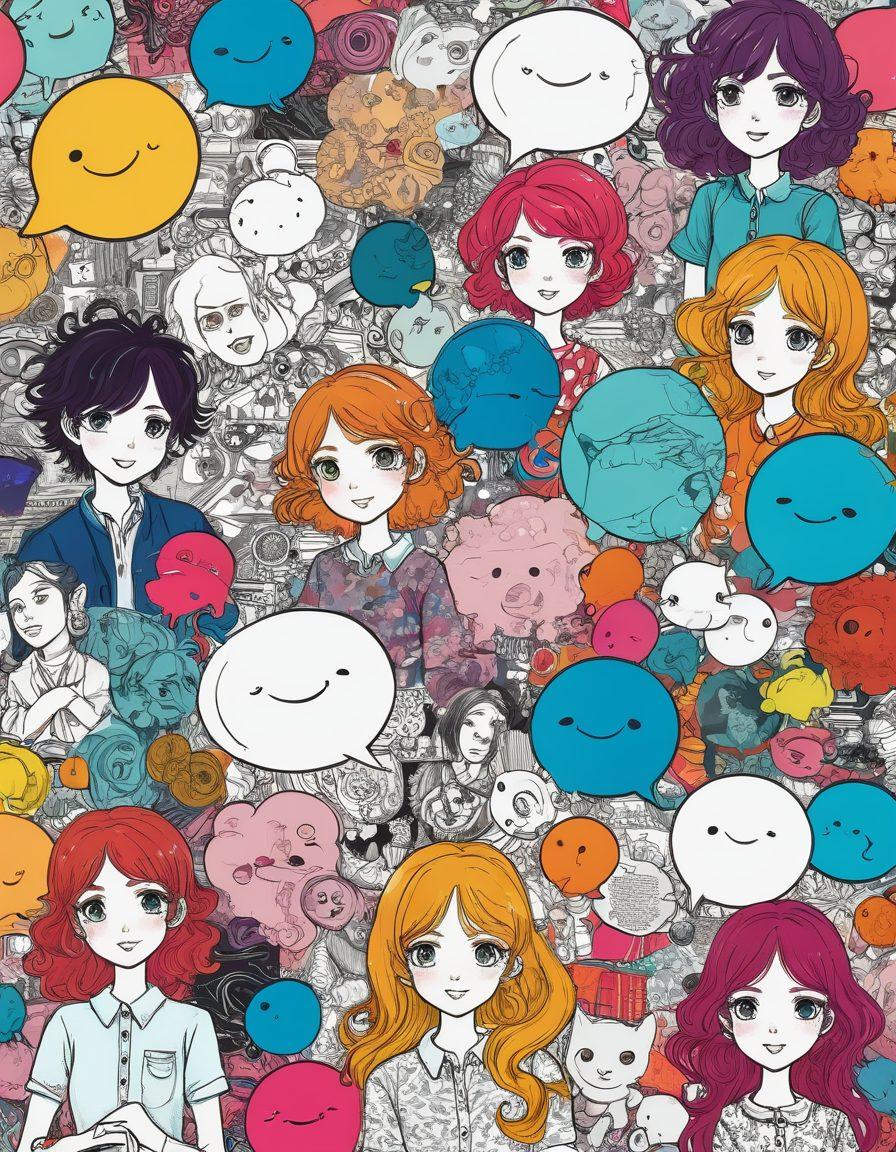 A vibrant collage of digital diaries and manga sketches, featuring playful characters in various artistic styles, surrounded by colorful thought bubbles filled with adult-themed art elements. The background is a blend of swirling colors symbolizing the blogosphere, with hints of technology blending seamlessly into traditional art. Elements like stylus pens and tablets are incorporated to emphasize digital creativity. super-realistic. vibrant colors. 3D.
